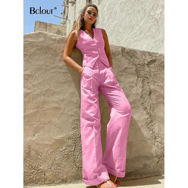 Bclout Summer Cotton Khaki Pants Sets Women's 2 Pieces Elegant V-Neck Tops + Pleated Long Pants Suits