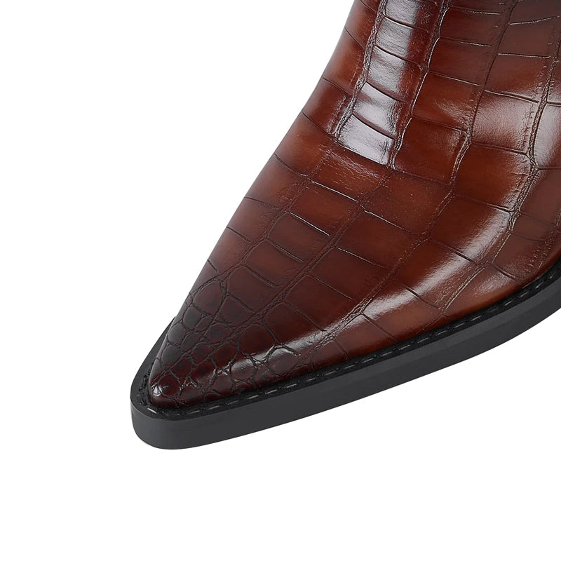 Women's Pointed Toe Croco Pattern High Heels Western Short Boots - Frimunt Clothing Co.
