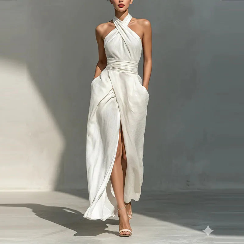 White Criss Cross Halter Elegant Party Dress Ruched Waist Summer Long Dress
