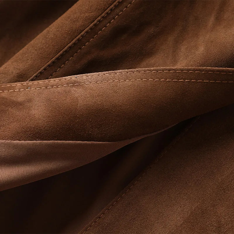 Women's Genuine Leather Suede Long Classic Trench Coat Double Breasted With Belt