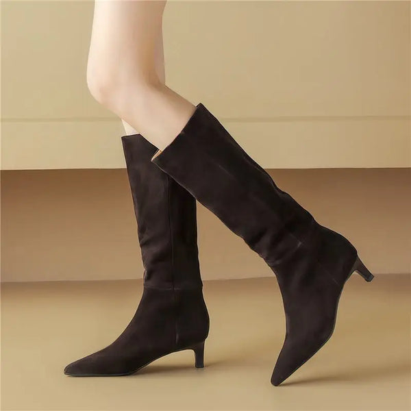Women's Cow Suede Leather Knee High Boots Pointed Toe Pull On Mid Heels - Frimunt Clothing Co.