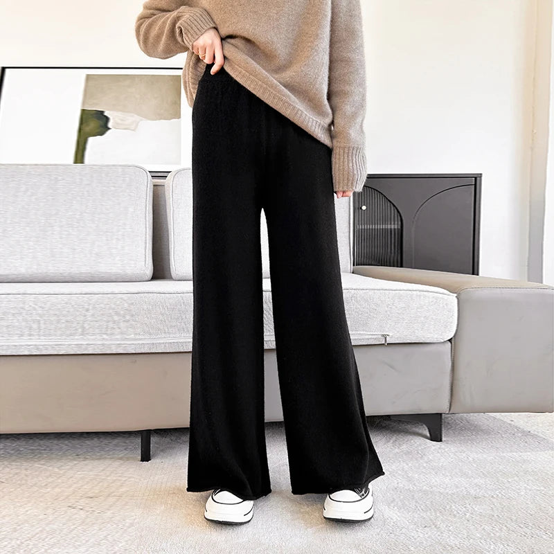 Women's Pure Warm Wool Knit Casual High-Waist Loose Hemmed Wide-Leg Fall-Winter Pants