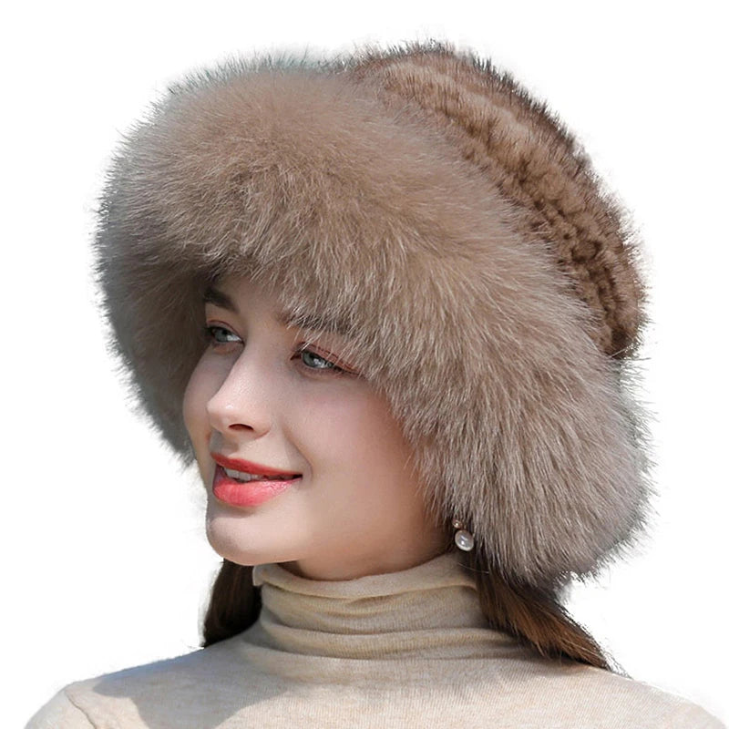 Women's Real Knit Natural Mink Fur Luxury Hat Handmade Winter Headwear - Frimunt Clothing Co.