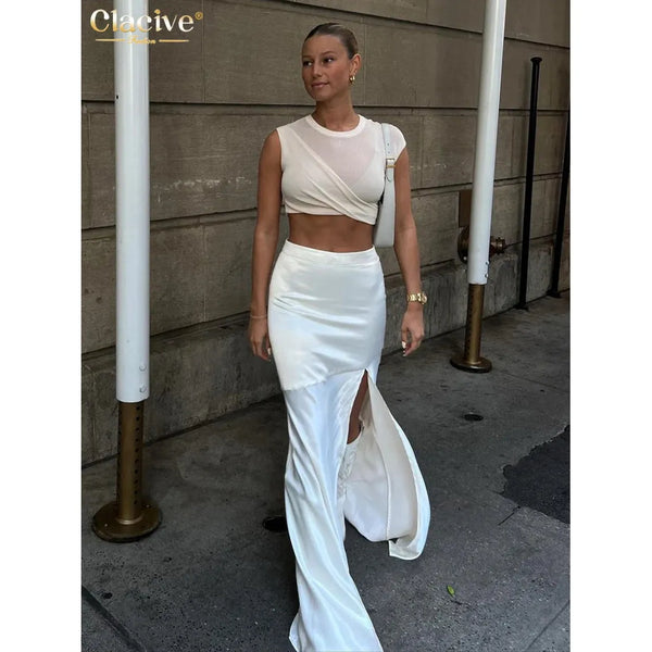 Women's Loose White Satin High Waist Long Elegant Chic Skirt With Side Slit - Frimunt Clothing Co.