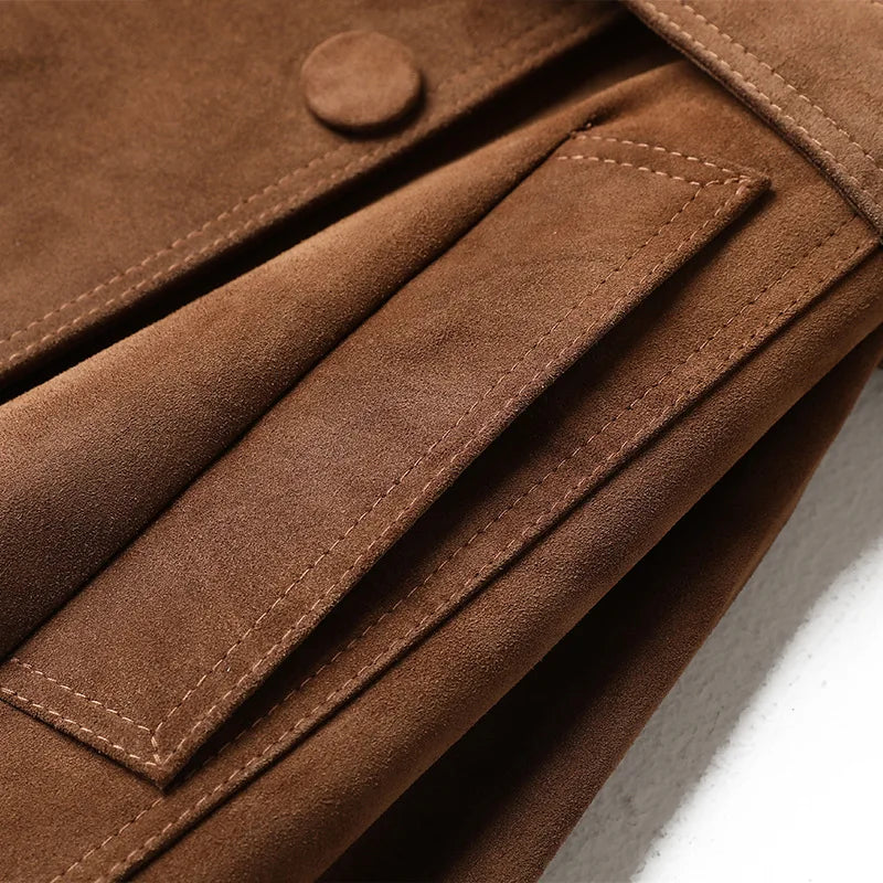 Women's Genuine Leather Suede Long Classic Trench Coat Double Breasted With Belt