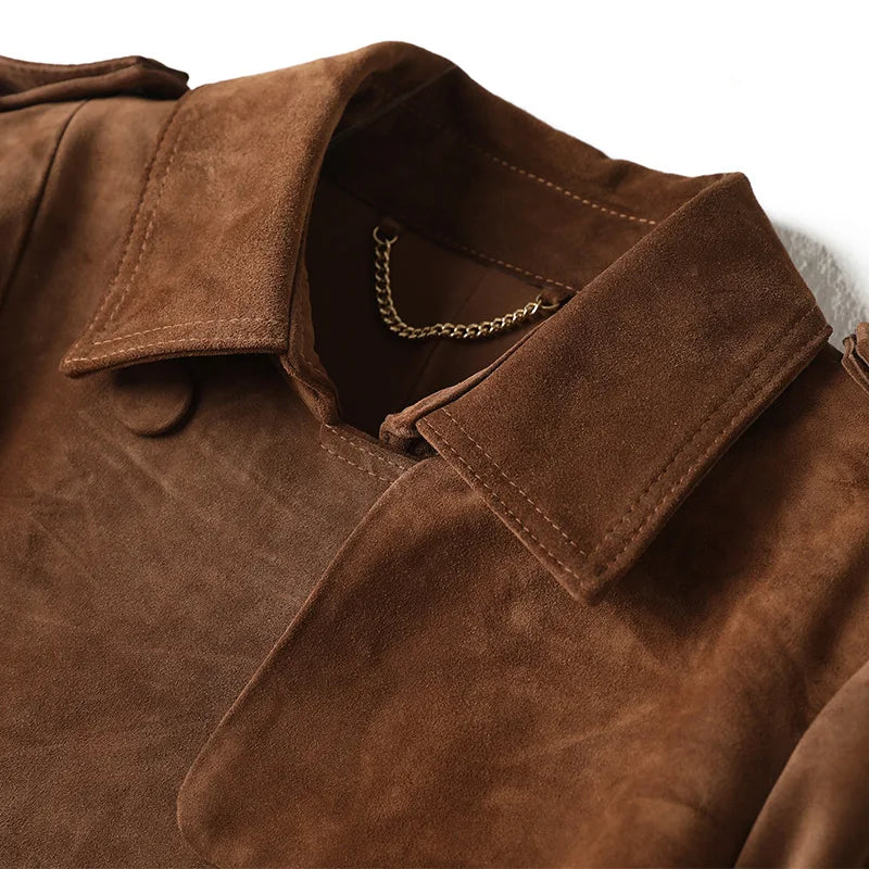 Women's Genuine Leather Suede Long Classic Trench Coat Double Breasted With Belt