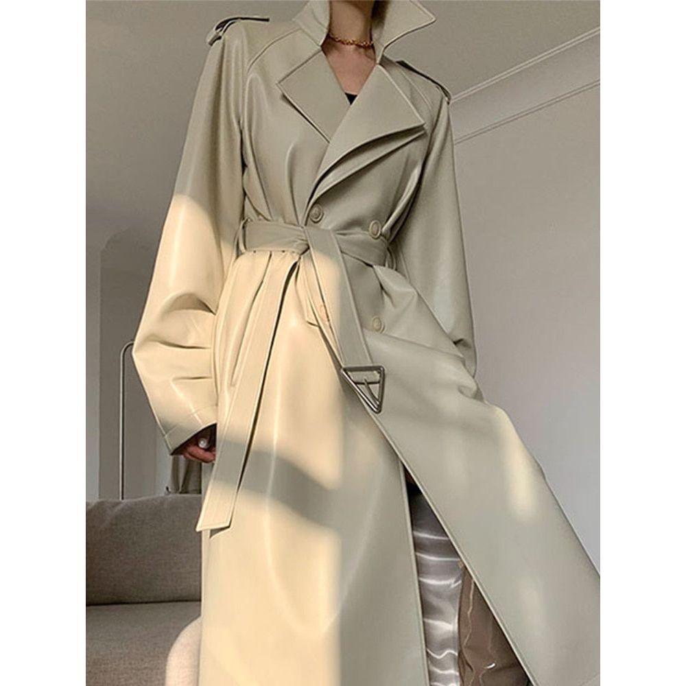 Lautaro Autumn Winter Long Faux Leather Trench Coat for Women Belt Double Breasted Luxury Elegant Fashion - Frimunt Clothing Co.