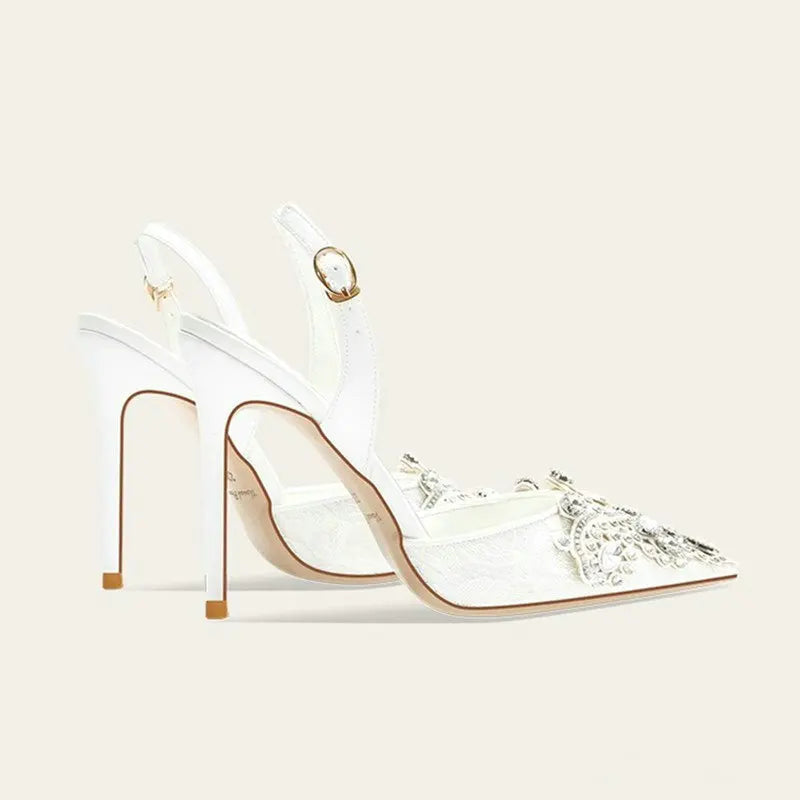 Sandalias de mujer con tiras en la espalda, cristales, punta puntiaguda, tacones altos, zapatos de boda