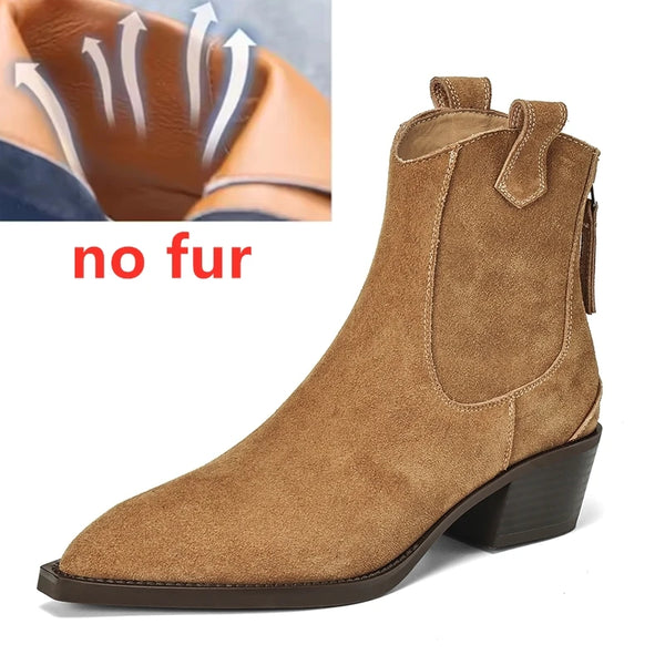 Women's Pointed Toe Zippered Western Genuine Cow Suede Cowboy Boots - Frimunt Clothing Co.