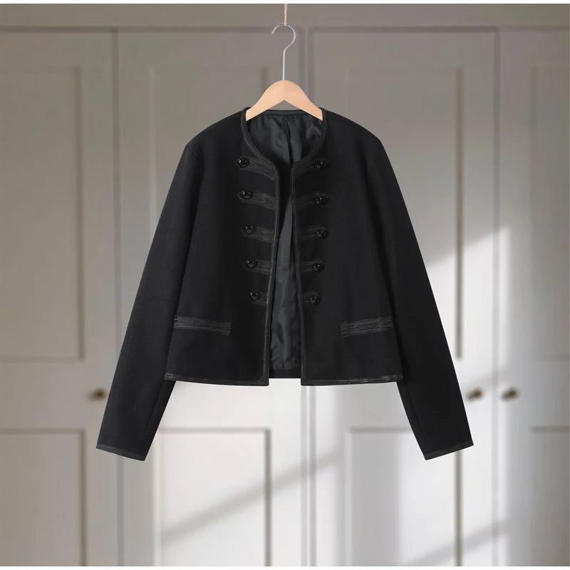 Chic Golden Toggle Button Cropped Jacket Padded Shoulder