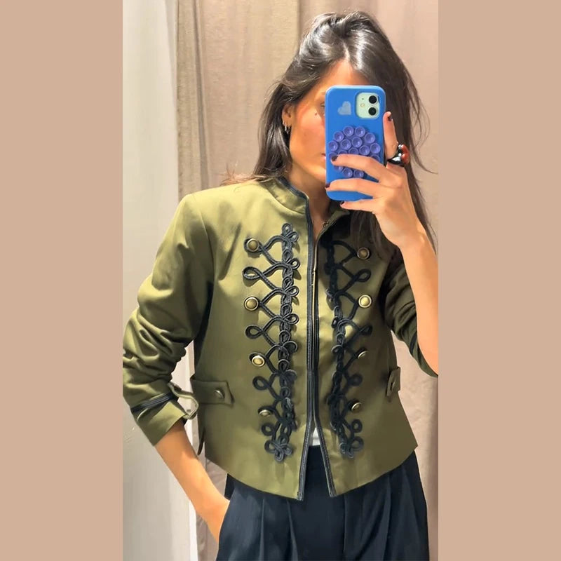 Chic Golden Toggle Button Cropped Jacket Padded Shoulder