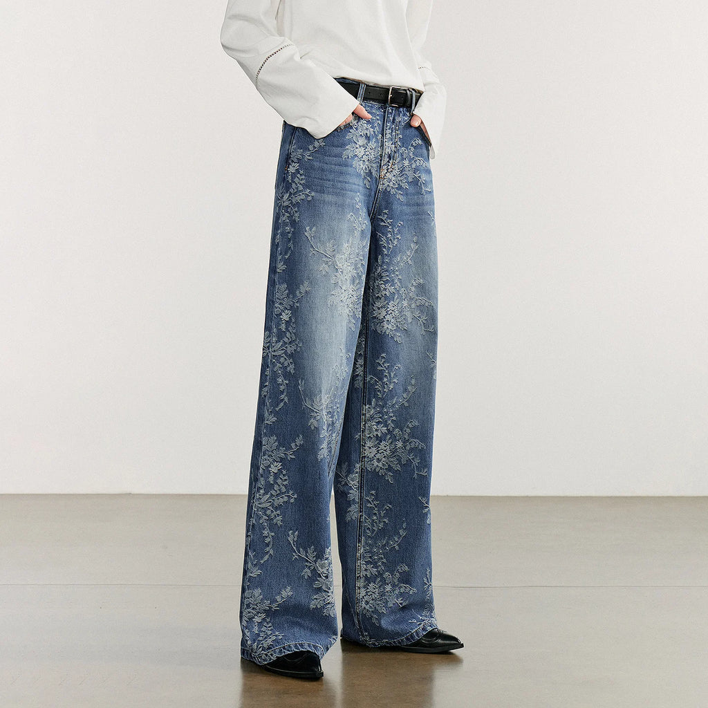 Women's Autumn Wide Straight Leg Jacquard Denim Pants - Frimunt Clothing Co.