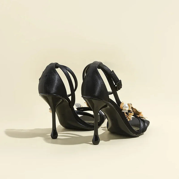Sculptural Flower High Heel Sandals – Black Strappy Evening Shoes - Frimunt Clothing Co.