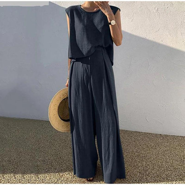 Women's Sleeveless O-Neck Tank Top Wide Leg Pants Two Piece Suits - Frimunt Clothing Co.