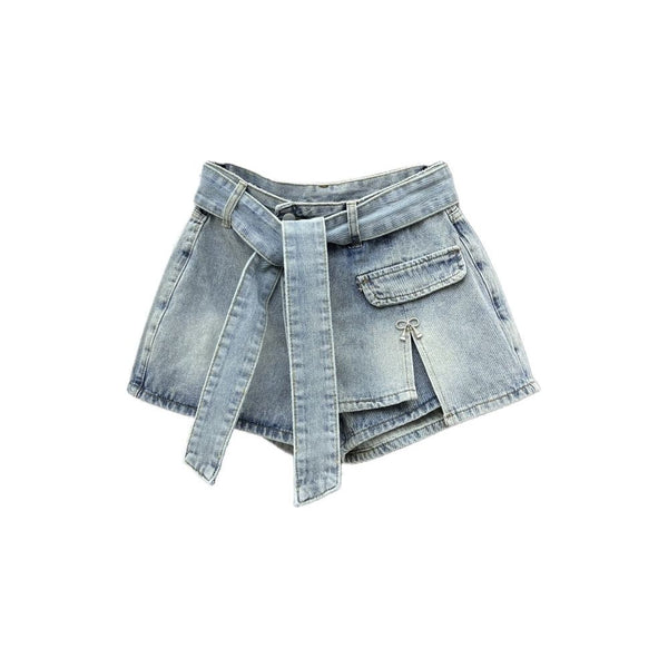2023 Summer New Fashion Women's Denim Shorts High Waist Belt Solid Color Split Patchwork A-line Wrap Short Jeans - Frimunt Clothing Co.