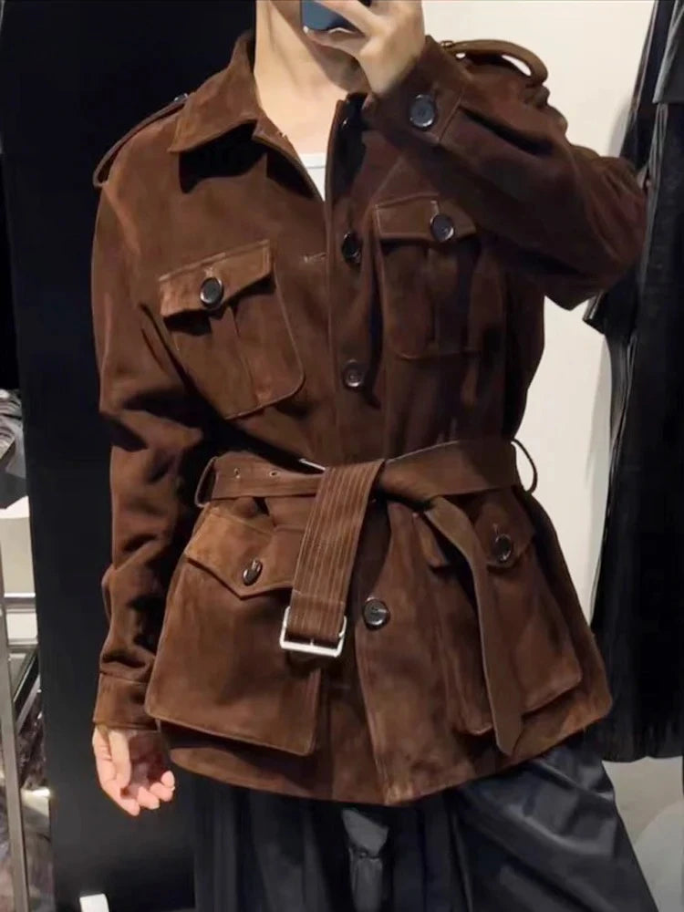 Women‘s Imported Genuine Leather Suede Long Retro Style Jacket With Belt