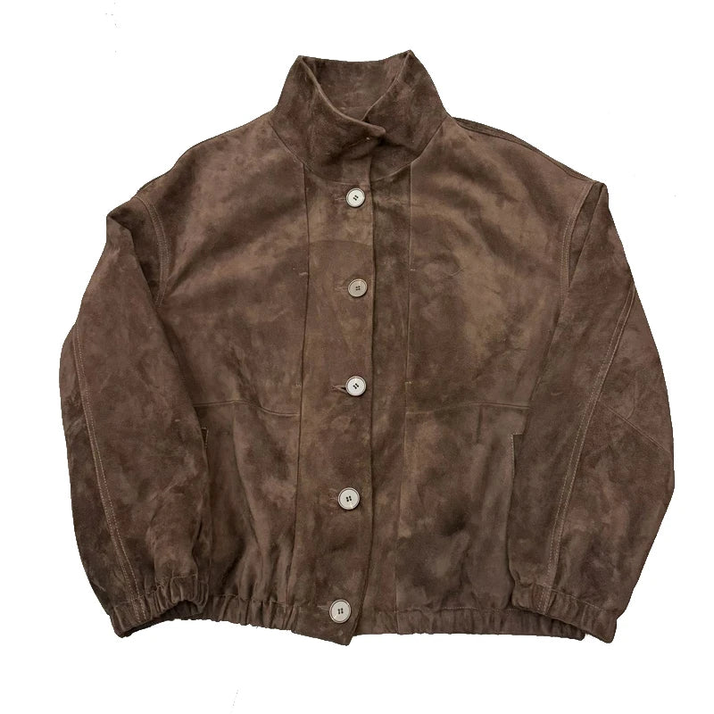 Top Quality Sheepskin Suede Leather Women's Bomber Jacket Stand Collar Elastic Waist