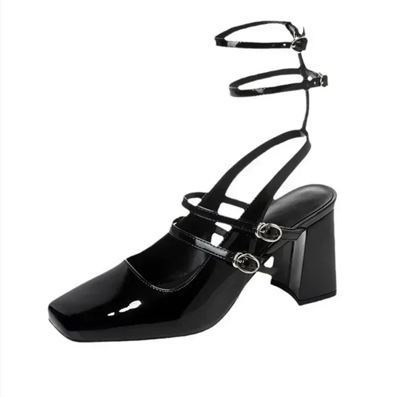Luxury Designer Women's Ankle Strap Square Toe Chunky High Heels FSlingback Pumps - Frimunt Clothing Co.