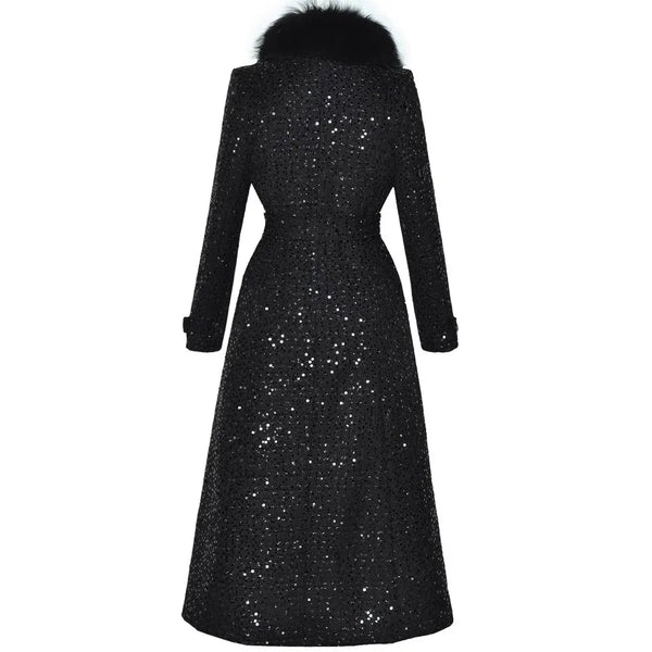 Women's Fur Collar Double Breast Buckle Tie Waist Sequined Long Thick Coat