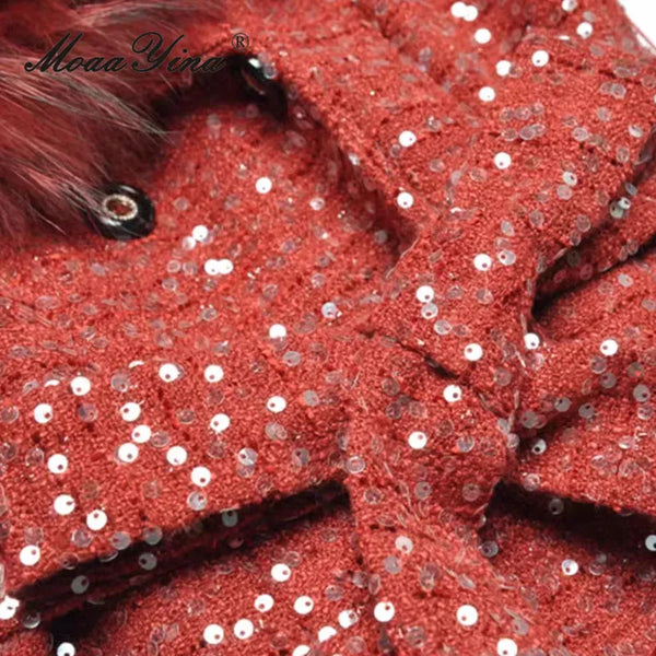 Women's Fur Collar Double Breast Buckle Tie Waist Sequined Long Thick Coat