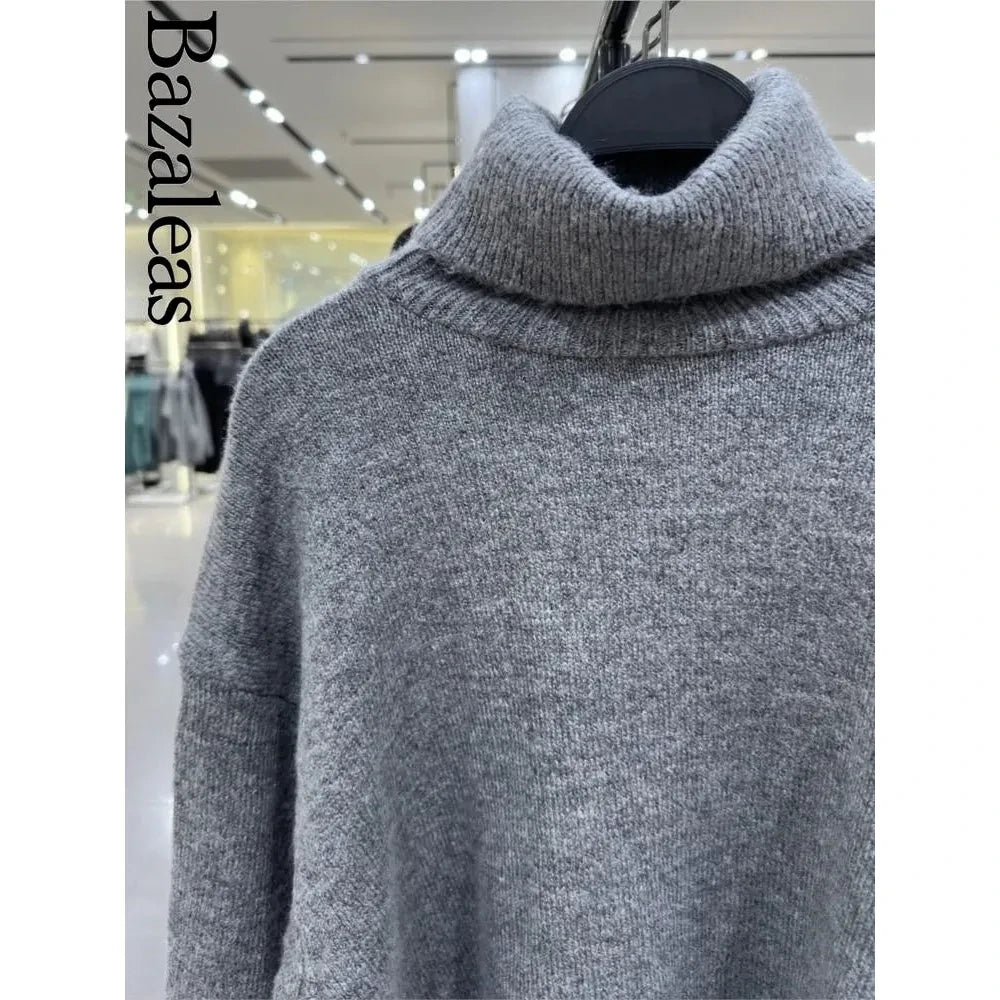 Women's Knit Grey Loose Turtleneck Pullover Sweater + Skirt Set - Frimunt Clothing Co.