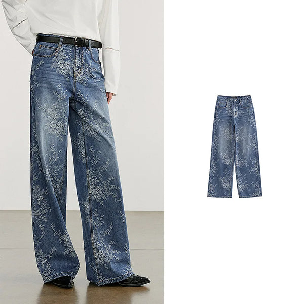 Women's Autumn Wide Straight Leg Jacquard Denim Pants - Frimunt Clothing Co.