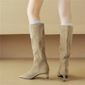 Women's Cow Suede Leather Knee High Boots Pointed Toe Pull On Mid Heels - Frimunt Clothing Co.