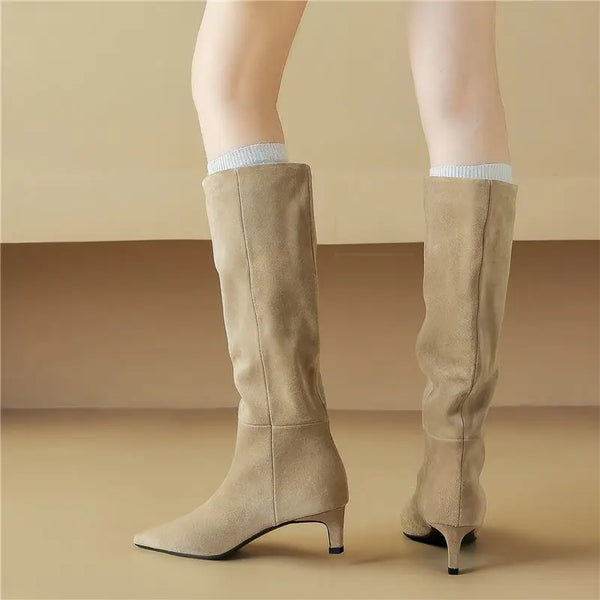 Women's Cow Suede Leather Knee High Boots Pointed Toe Pull On Mid Heels - Frimunt Clothing Co.