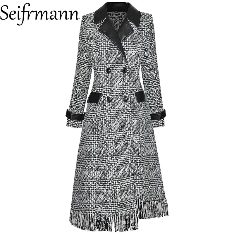 Women's Woolen Plaid Double Breasted With Leather Collar Long Coat