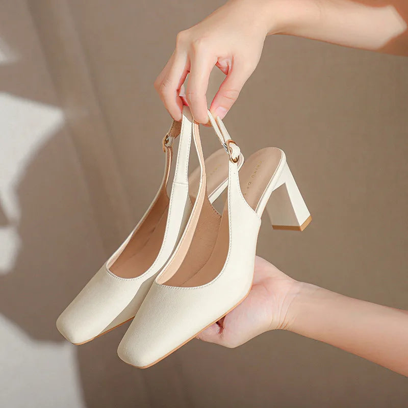 Square Toe Thick Heeled High Heels Women Pumps French Buckle Strap - Frimunt Clothing Co.