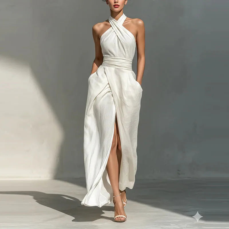 White Criss Cross Halter Elegant Party Dress Ruched Waist Summer Long Dress