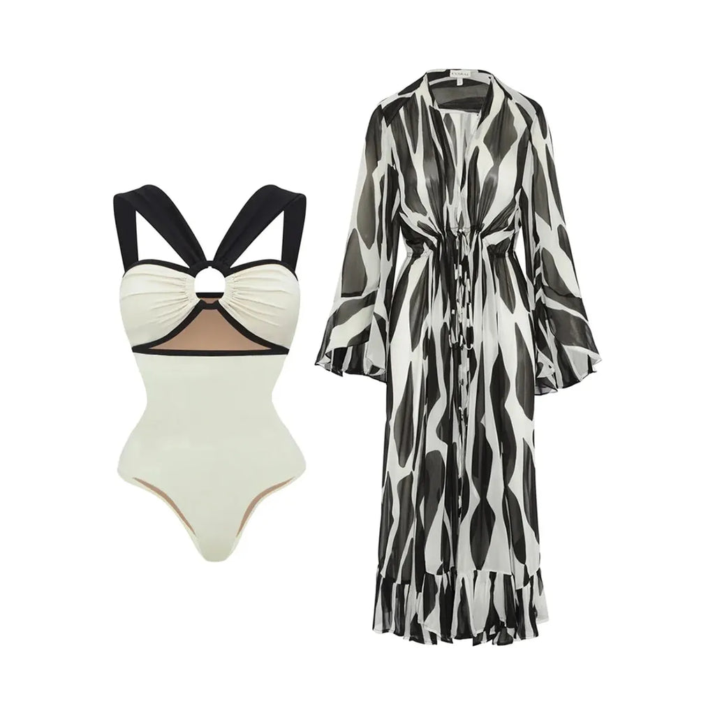 Women's Color Block One Piece Swimsuit or Bikini and Kimono or Cover Up Luxury Beach Swimwear - Frimunt Clothing Co.