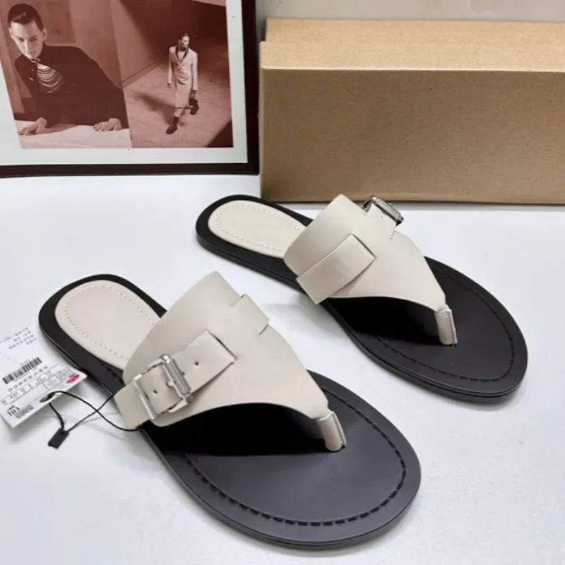 Women Flat Flip Flops Summer Buckle Belt Sandals Beach Shoes Non-slip Sole