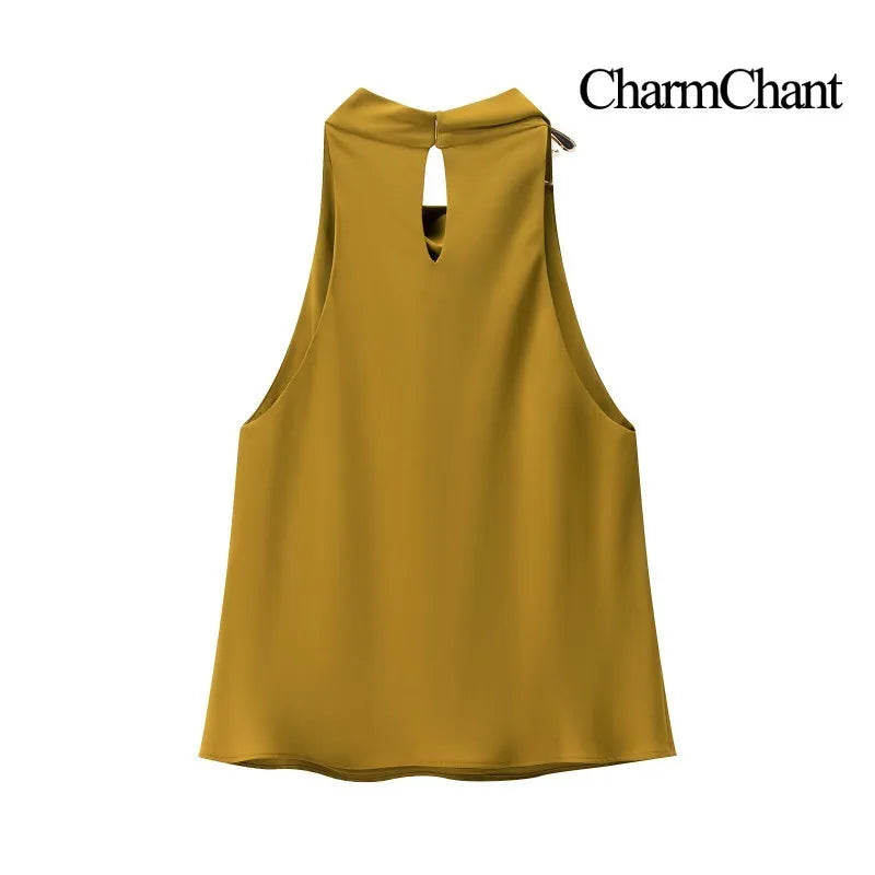 Women's Satin Halter Neck Tops Elegant Side Neck Buckle Sleeveless Blouse
