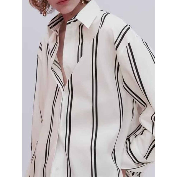 Women 2023 New Fashion Double Stripe Button-up Casual Long Sleeve Chic Shirt