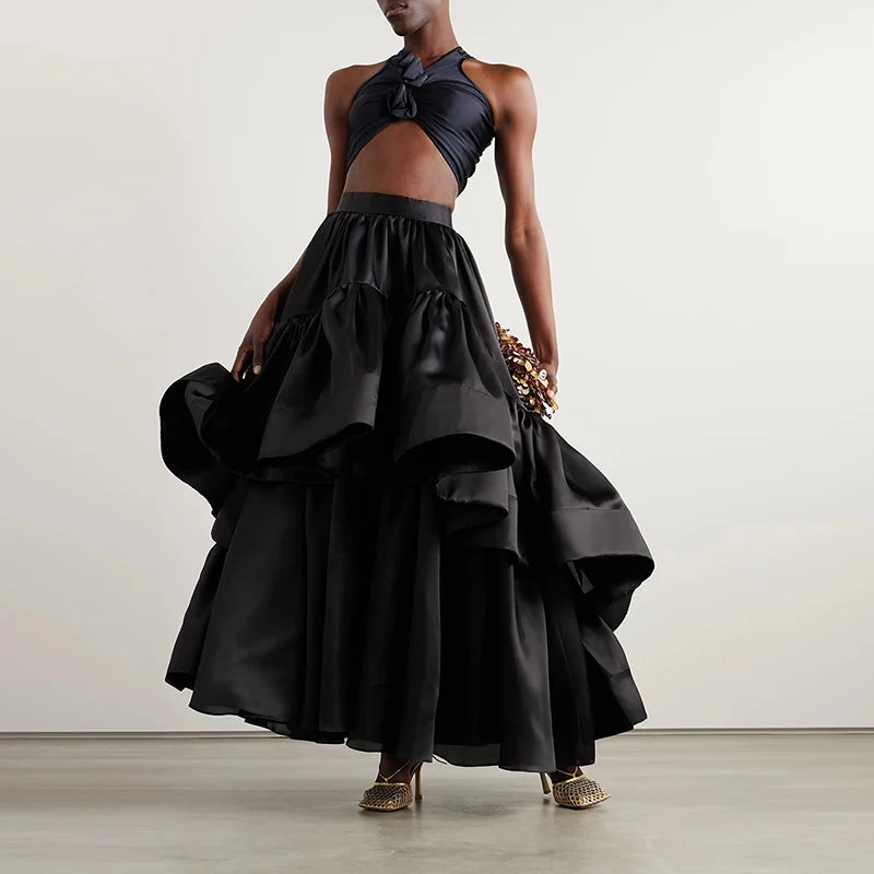 Long Satin Organza Tiered Skirts Formal Wear A Line Customizable Colors - Frimunt Clothing Co.