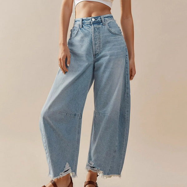 Women's High Rise Barrel Jeans Wide Leg Raw Hem