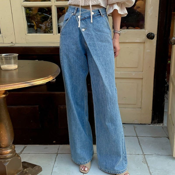 SuperAen Women's Chic Retro Irregular Waist Button Design Wide Leg Jeans - Frimunt Clothing Co.