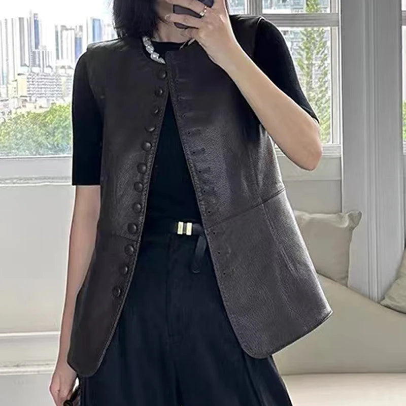 Women Genuine Lambskin Leather Single Breasted Round Neck Slim Fit Vest