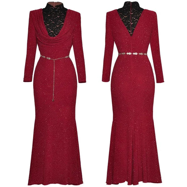 Gorgeous Women's Stand Up Lace Collar Trumpet Long Skirt Riveted Bottom Dress