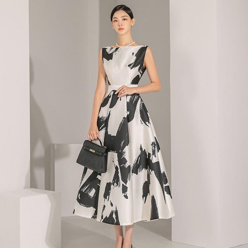 Monochrome Brushstroke Midi Dress Classic Sleeveless A-Line Frimunt Clothing Co. Monochrome Brushstroke Midi Dress Classic Sleeveless A-Line Frimunt Clothing Co.
