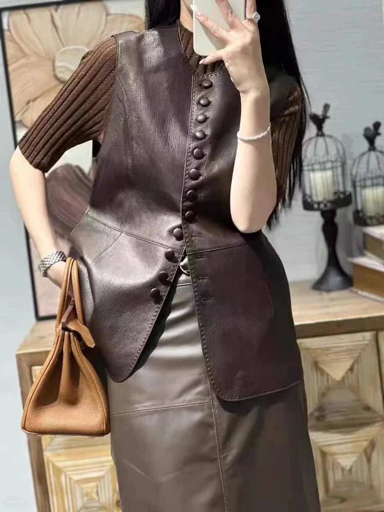 Women Genuine Lambskin Leather Single Breasted Round Neck Slim Fit Vest
