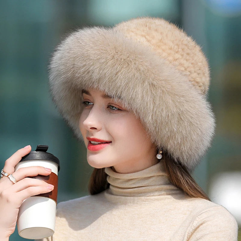 Women's Real Knit Natural Mink Fur Luxury Hat Handmade Winter Headwear - Frimunt Clothing Co.