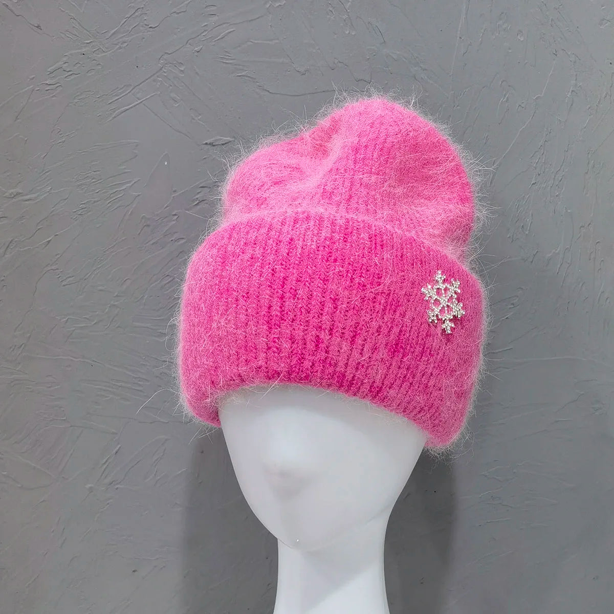 Women's Winter Knit Cuff Hat Real Warm Rabbit Hair Snowflake Pin Solid Colors - Frimunt Clothing Co.