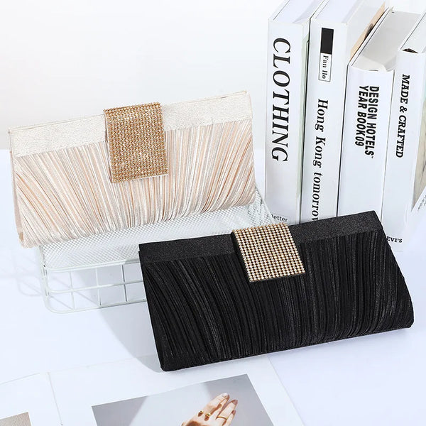 Pleated Satin And Rhinestones Evening Bag Light Party Clutch