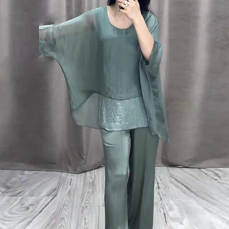 Women's Spring Retro Outfit Casual Round Neck Batwing Sleeve Top & Long Loose Pants Set Summer 2pcs Suit - Frimunt Clothing Co.