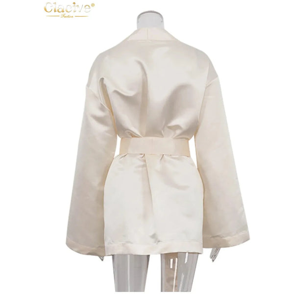 Women's Loose Beige Satin V-Neck Long Sleeve Kimono Jacket/Mini Dress - Frimunt Clothing Co.
