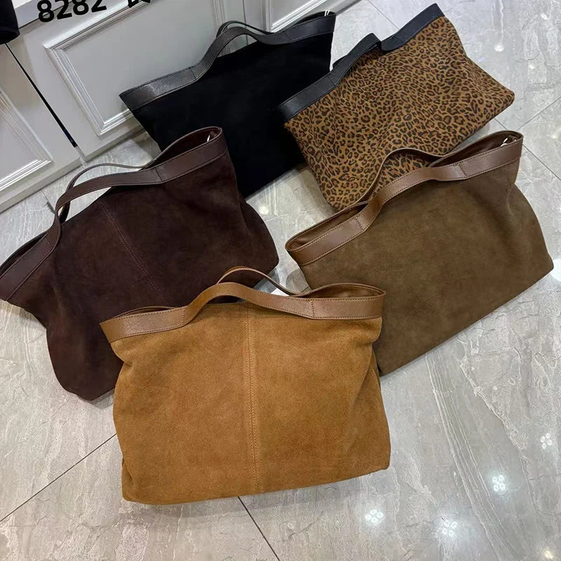 Women's Genuine Suede Leather Tote Bags Luxury Designer Large Handbag