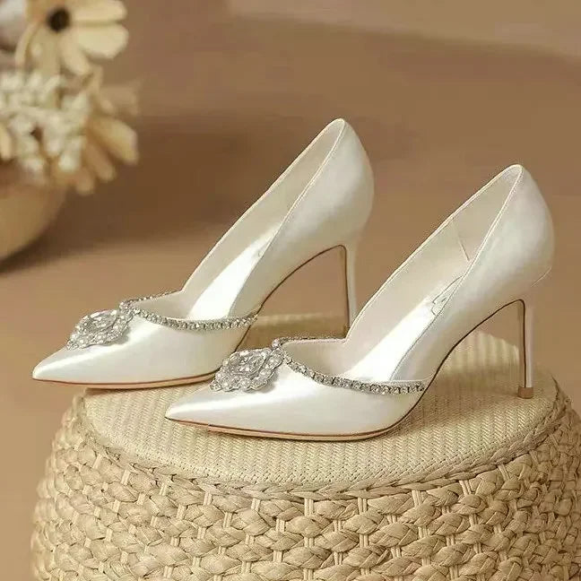 Elegant Wedding Shoes White Rhinestones High Heels 6cm and up, Bride, Bridesmaids Pumps - Frimunt Clothing Co.