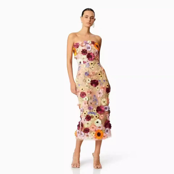 Women's Three-Dimensional Flower Embroidery Slim-Fit Strapless Midi Dress - Frimunt Clothing Co.